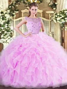 Attractive Floor Length Lilac Ball Gown Prom Dress Tulle Sleeveless Beading and Ruffles