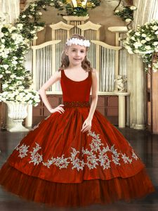 Floor Length Zipper Little Girls Pageant Dress Wholesale Wine Red for Party and Quinceanera with Beading and Appliques