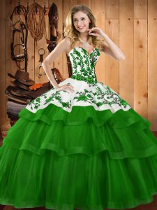 Graceful Dark Green Sleeveless Organza Sweep Train Lace Up 15 Quinceanera Dress for Military Ball and Sweet 16 and Quinc