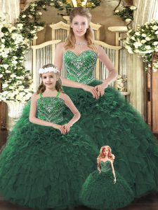 Dark Green Sleeveless Organza Lace Up Quinceanera Dress for Military Ball and Sweet 16 and Quinceanera