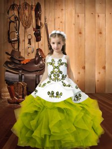 Olive Green Straps Lace Up Embroidery and Ruffles Child Pageant Dress Sleeveless
