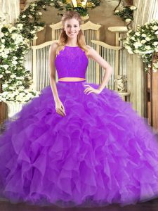 Discount Eggplant Purple Two Pieces Tulle Scoop Sleeveless Ruffles Floor Length Zipper Quinceanera Gowns