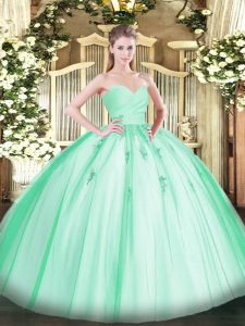 Custom Fit Apple Green Ball Gowns Tulle Sweetheart Sleeveless Beading and Appliques Floor Length Lace Up Vestidos de Qui