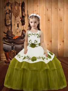Sleeveless Floor Length Embroidery and Ruffled Layers Lace Up Pageant Dress for Teens with Olive Green