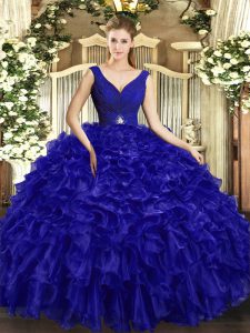 Classical Royal Blue Organza Backless Sweet 16 Dresses Sleeveless Floor Length Beading and Ruffles