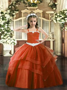 Custom Design Floor Length Rust Red Kids Formal Wear Tulle Sleeveless Appliques and Ruffled Layers