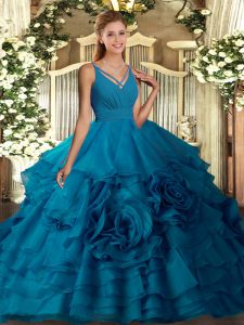 High Class Sleeveless Fabric With Rolling Flowers Floor Length Backless Vestidos de Quinceanera in Blue with Ruffles