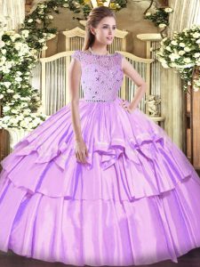 Dynamic Lavender Tulle Zipper Quinceanera Dresses Sleeveless Floor Length Beading and Ruffled Layers