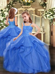 Custom Design Blue Straps Lace Up Beading and Ruffles Little Girls Pageant Dress Sleeveless