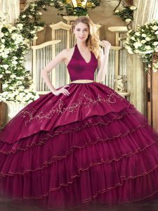 Best Selling Burgundy Two Pieces Organza and Taffeta Halter Top Sleeveless Embroidery and Ruffled Layers Floor Length Zi