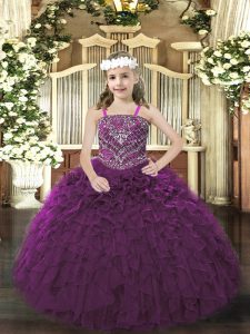 Simple Sleeveless Floor Length Beading and Ruffles Lace Up Girls Pageant Dresses with Purple