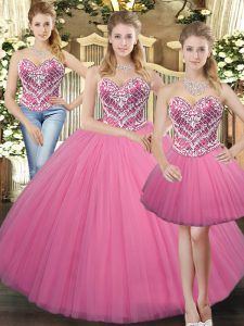 Traditional Sweetheart Sleeveless 15th Birthday Dress Floor Length Beading Rose Pink Tulle