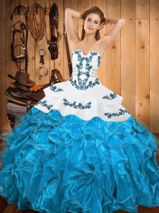 Sleeveless Floor Length Embroidery and Ruffles Lace Up 15 Quinceanera Dress with Teal