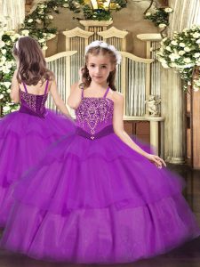 Purple Sleeveless Floor Length Beading and Ruffled Layers Lace Up Little Girl Pageant Gowns