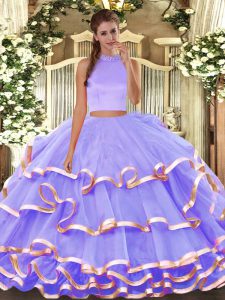 Dazzling Organza Halter Top Sleeveless Backless Beading and Ruffled Layers 15 Quinceanera Dress in Lavender