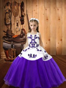 Floor Length Purple Girls Pageant Dresses Organza Sleeveless Embroidery