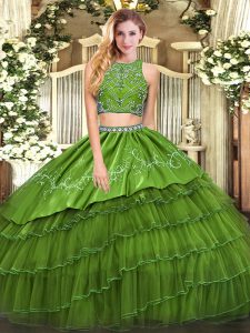 Tulle High-neck Sleeveless Zipper Beading and Embroidery and Ruffled Layers Quinceanera Gowns in Olive Green