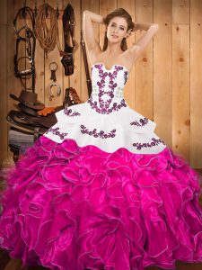 Unique Strapless Sleeveless Satin and Organza Sweet 16 Dress Embroidery and Ruffles Lace Up