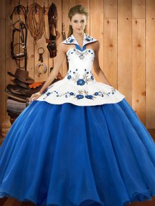 Designer Blue And White Satin and Tulle Lace Up Quince Ball Gowns Sleeveless Floor Length Embroidery
