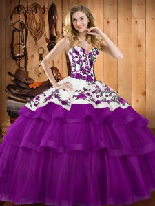 Fantastic Tulle Sweetheart Sleeveless Lace Up Embroidery and Ruffles 15 Quinceanera Dress in Purple
