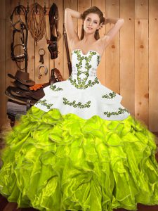 Attractive Sleeveless Satin and Organza Floor Length Lace Up Ball Gown Prom Dress in Yellow Green with Embroidery and Ru
