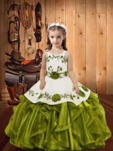 Custom Made Embroidery and Ruffles Kids Formal Wear Olive Green Lace Up Sleeveless Floor Length
