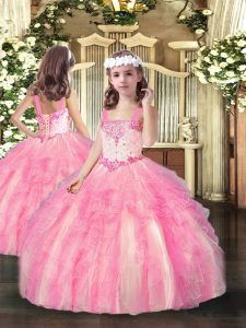 Rose Pink Little Girls Pageant Dress Party and Quinceanera with Beading and Ruffles Straps Sleeveless Lace Up