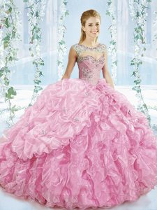 Baby Pink Organza Lace Up Vestidos de Quinceanera Sleeveless Brush Train Beading and Ruffles