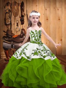 Olive Green Ball Gowns Organza Straps Sleeveless Embroidery and Ruffles Floor Length Lace Up Little Girl Pageant Dress