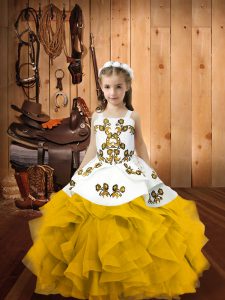 Fashion Floor Length Gold Little Girls Pageant Dress Organza Sleeveless Embroidery and Ruffles