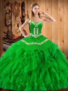 Most Popular Green Ball Gowns Satin and Organza Sweetheart Sleeveless Embroidery and Ruffles Floor Length Lace Up Vestid
