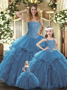 Fantastic Floor Length Lace Up 15 Quinceanera Dress Teal for Military Ball and Sweet 16 and Quinceanera with Beading and