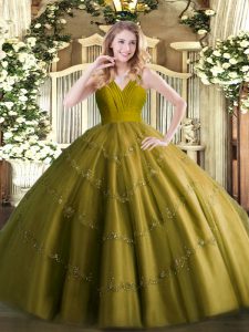 Fine Olive Green Quinceanera Dresses Military Ball and Sweet 16 and Quinceanera with Beading V-neck Sleeveless Zipper