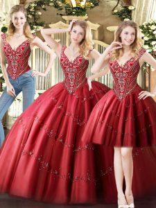 Shining Wine Red Sleeveless Tulle Lace Up Quinceanera Dresses for Military Ball and Sweet 16 and Quinceanera