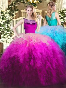Popular Ball Gowns 15 Quinceanera Dress Fuchsia Scoop Tulle Sleeveless Floor Length Zipper