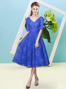 Extravagant Royal Blue Half Sleeves Lace Lace Up Bridesmaids Dress for Prom and Party and Wedding Party