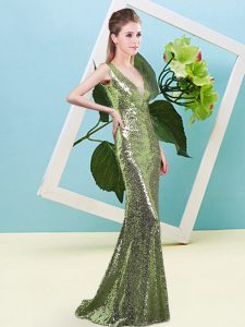 Most Popular V-neck Sleeveless Prom Dresses Floor Length Sequins Sequined