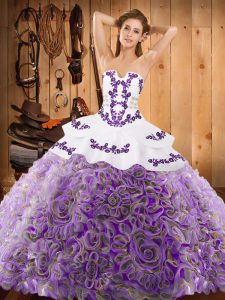 High End Multi-color Satin and Fabric With Rolling Flowers Lace Up Quince Ball Gowns Sleeveless With Train Sweep Train E