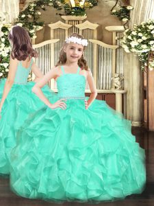 Fashionable Straps Sleeveless Organza Little Girl Pageant Gowns Beading and Lace and Ruffles Zipper