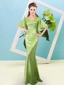 Fitting Yellow Green Mermaid Sequins Prom Evening Gown Zipper Sequined Half Sleeves Floor Length