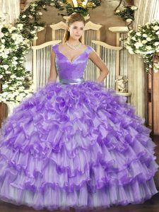 Ideal Floor Length Zipper 15th Birthday Dress Lavender for Military Ball and Sweet 16 and Quinceanera with Ruffled Layer