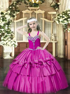 Fuchsia Sleeveless Floor Length Beading and Ruffled Layers Lace Up Pageant Dress
