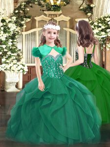 Dark Green Lace Up Straps Beading and Ruffles Kids Pageant Dress Tulle Sleeveless