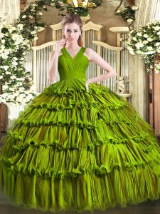 Suitable Olive Green Ball Gowns V-neck Sleeveless Organza Floor Length Zipper Ruffled Layers Quince Ball Gowns