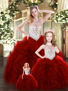 Exquisite Floor Length Ball Gowns Sleeveless Wine Red Sweet 16 Dresses Lace Up
