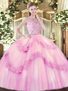 Wonderful Beading and Appliques 15 Quinceanera Dress Rose Pink Zipper Sleeveless Floor Length