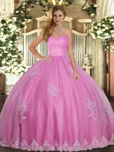 Artistic Tulle Sweetheart Sleeveless Lace Up Beading and Appliques Vestidos de Quinceanera in Rose Pink
