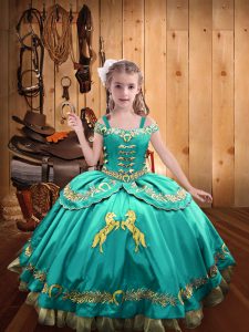 Aqua Blue Satin Lace Up Off The Shoulder Sleeveless Floor Length Little Girl Pageant Gowns Beading and Embroidery