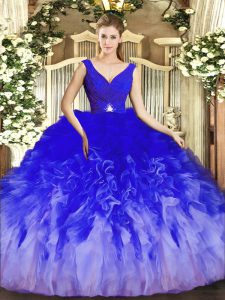 Flare Ball Gowns Ball Gown Prom Dress Multi-color V-neck Tulle Sleeveless Floor Length Backless