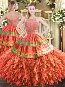 Beautiful Rust Red Sleeveless Floor Length Beading and Ruffles and Sequins Zipper Quinceanera Dresses